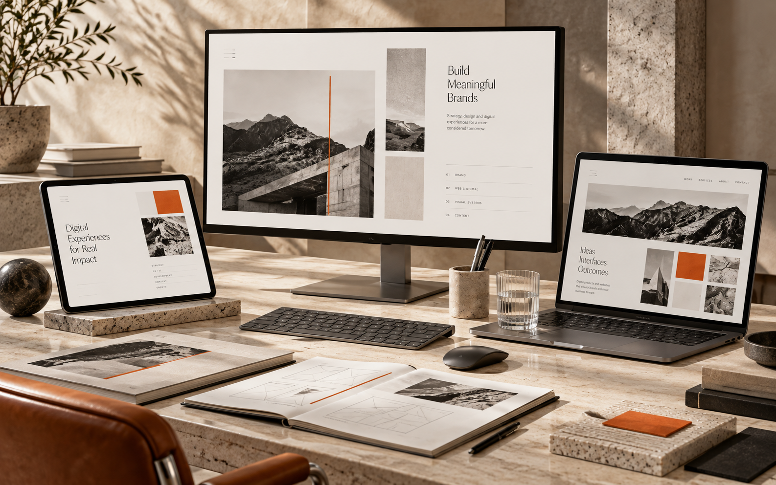 Architectural multi-screen digital design studio installation for Brea Brand displaying Swiss typography web systems