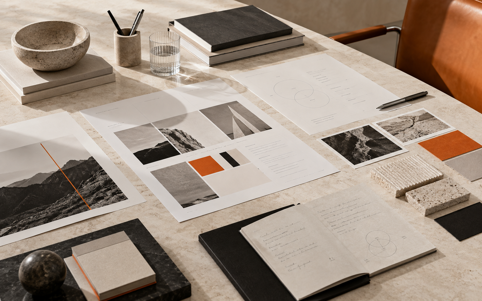 High-end art-directed creative studio workspace for Brea Brand strategy and visual identity process